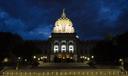 View of the south side of the Pennsylvania State Capitol Complex at night.