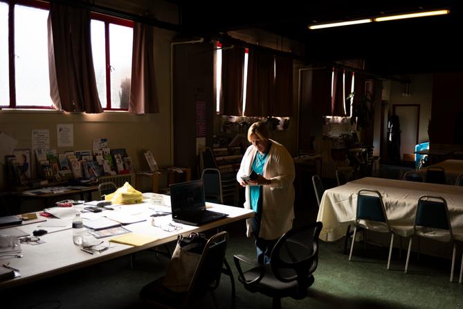 Kim Botteicher works in the basement of a Bolivar church. She provides syringe services as part of her charitable work.