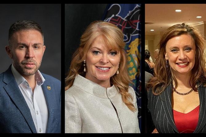 The 2024 primary candidates for Pennsylvania treasurer, from left: Ryan Bizzarro; Stacy Garrity; Erin McClelland