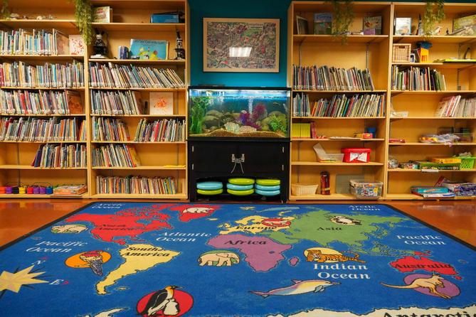 Shelves of books in a daycare in Pennsylvania, where families can claim a new child tax credit beginning in January 2023.