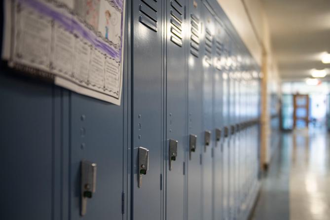 A row of lockers at Bennetts Valley Elementary School in Weedville, Pennsylvania on April 5, 2023.