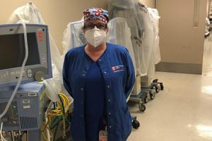 Maureen May, a nurse at Temple University Hospital and president of the PASNAP union, says her colleagues are making do with one surgical mask per day. Maureen May, a nurse at Temple University Hospital and president of the PASNAP union, says her colleagues are making do with one surgical mask per day.