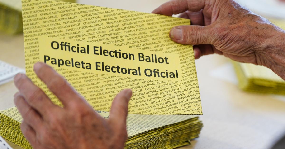 Photo: spotlightpa.org Workers sort mail ballots on primary Election Day 2024 at Northampton County Courthouse in Easton, Pennsylvania