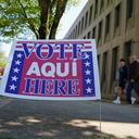 A voting location sign is seen on primary Election Day 2024 at Bethlehem City Hall in Northampton County, Pennsylvania.