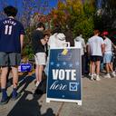 People wait in line to vote Nov. 5, 2024, at the Banana Factory in Bethlehem, Pennsylvania.