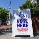 A “Vote Here” sign is shown May 19, 2026, at Lehigh County Government Center in Allentown, Lehigh County, Pennsylvania.
