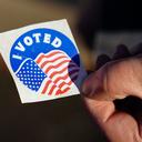 A voter holds an “I Voted” sticker Nov. 8, 2022, at Memorial Hall in Jim Thorpe Carbon County, Pennsylvania.