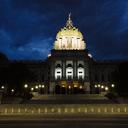 View of the south side of the Pennsylvania Capitol Complex at night.