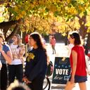College students from the University of Pittsburgh and Carnegie Mellon University enter the polling station at Bellefield Hall on Nov. 5, 2024.