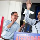 PA Gov. Josh Shapiro, left, and U.S. House Democratic Leader Hakeem Jeffries attend the campaign event for Democratic congressional candidate Bob Brooks ahead of the midterm elections at a Steelworkers Union Hall in Bethlehem, PA.