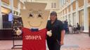 Paige Alana Bowermaster poses with The Keystone Kid, the mascot she designed