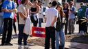 Students wait in line to vote Nov. 5, 2024, outside Kirby Sports Complex in Easton, Northampton County, Pennsylvania.