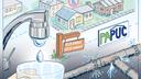 An illustration of water coming from a tap, houses, pipes, a Rock Spring Water Company sign, and a PUC sign.