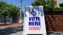 A “Vote Here” sign is shown May 19, 2026, at Lehigh County Government Center in Allentown, Lehigh County, Pennsylvania.