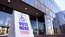 A voting sign outside Allentown Public Library in Lehigh County, Pennsylvania.