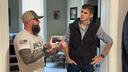 Ryan Crosswell (right), a Democratic candidate for Pennsylvania’s 7th congressional district, listens to former Marine Chris Yarnell (left).