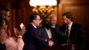 Gov. Josh Shapiro shakes hands with state Senate Majority Leader Joe Pittman (right) in 2023.