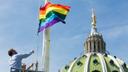 The LGBT flag flies at the Capitol building in Harrisburg.