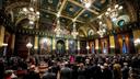 The floor of the Pennsylvania Senate with members at attention.