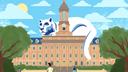 An illustration of the Nittany Lion sleeping on top of Old Main.