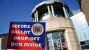 A sign indicating a mail ballot drop box is displayed Nov. 7, 2023, at Northampton County Courthouse in Easton, PA. 