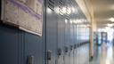 A row of lockers at Bennetts Valley Elementary School in Weedville, Pennsylvania on April 5, 2023.