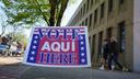 A voting location sign is seen on primary Election Day 2024 at Bethlehem City Hall in Northampton County, Pennsylvania.