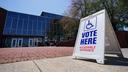 A voting location sign is displayed outside Allentown Public Library in Lehigh County, Pennsylvania.