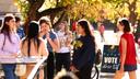 College students from the University of Pittsburgh and Carnegie Mellon University enter the polling station at Bellefield Hall on Nov. 5, 2024.