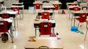 Desks are arranged in a classroom at an elementary school in Nesquehoning, Pa., March 11, 2021.