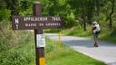 Appalachian Trail thru-hiker Noritaka Mizumoto, from Osaka, Japan, walks the Appalachian Trail at Pine Grove Furnace State Park in Pennsylvania.