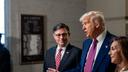 President Trump and Speaker of the House Mike Johnson (R., La.) speak to members of the media at the U.S. Capitol in Washington, D.C., Tuesday, May 20, 2025, before meeting with the House GOP Conference about passing Trump's budget bill.