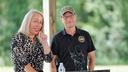 State Rep. Mandy Steele (D., Allegheny) and Democratic Gov. Josh Shapiro at the Sunday hunting bill signing.