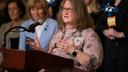 Cathleen Palm, founder of the Center for Children’s Justice, speaks in Harrisburg.