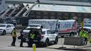 Emergency crew gather after an explosion at the Clairton Coke Works, a U.S. Steel coking plant, Monday, Aug 11, 2025, in Clairton.