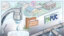 An illustration of water coming from a tap, houses, pipes, a Rock Spring Water Company sign, and a PUC sign.