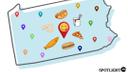 Illustration of Pennsylvania with select food items and location pins placed across the state.