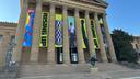 Banners for the "Rising Up: Rocky" exhibition hang outside of the Philadelphia Museum of Art in Philadelphia, Wednesday, April 22, 2026.