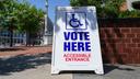 A “Vote Here” sign is shown May 19, 2026, at Lehigh County Government Center in Allentown, Lehigh County, Pennsylvania.