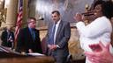 After being selected House speaker, Mark Rozzi (center) was joined by state Reps. Bryan Cutler and Joanna McClinton.