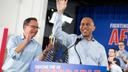 PA Gov. Josh Shapiro, left, and U.S. House Democratic Leader Hakeem Jeffries attend the campaign event for Democratic congressional candidate Bob Brooks ahead of the midterm elections at a Steelworkers Union Hall in Bethlehem, PA.