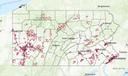 A map of Pennsylvania’s 2023 environmental justice areas highlighted in red.