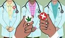 Illustration of three doctors, with a hand holding two tokens, one of a red X and one of a marijuana leaf.