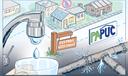 An illustration of water coming from a tap, houses, pipes, a Rock Spring Water Company sign, and a PUC sign.