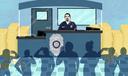 An illustration of a police officer behind an information desk with shadows looking confused in the foreground.