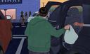 An illustration of a person in a green sweatshirt handing a grocery bag to someone in a car as ICE agents stand in front of a grocery store.
