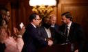 Gov. Josh Shapiro shakes hands with state Senate Majority Leader Joe Pittman (right) in 2023.