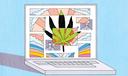 An illustration shows a laptop with a marijuana leaf on it
