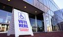 A voting sign sits outside the Allentown Public Library in Pennsylvania on Nov. 8, 2022.