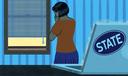 A woman is turned toward a window crying next to a laptop with a “State” sticker.